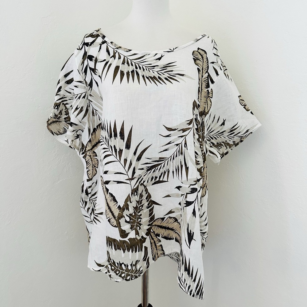 C & C CALIFORNIA 100% Linen Top Womens Plus Size 1X Tropical Palm Print Shirt